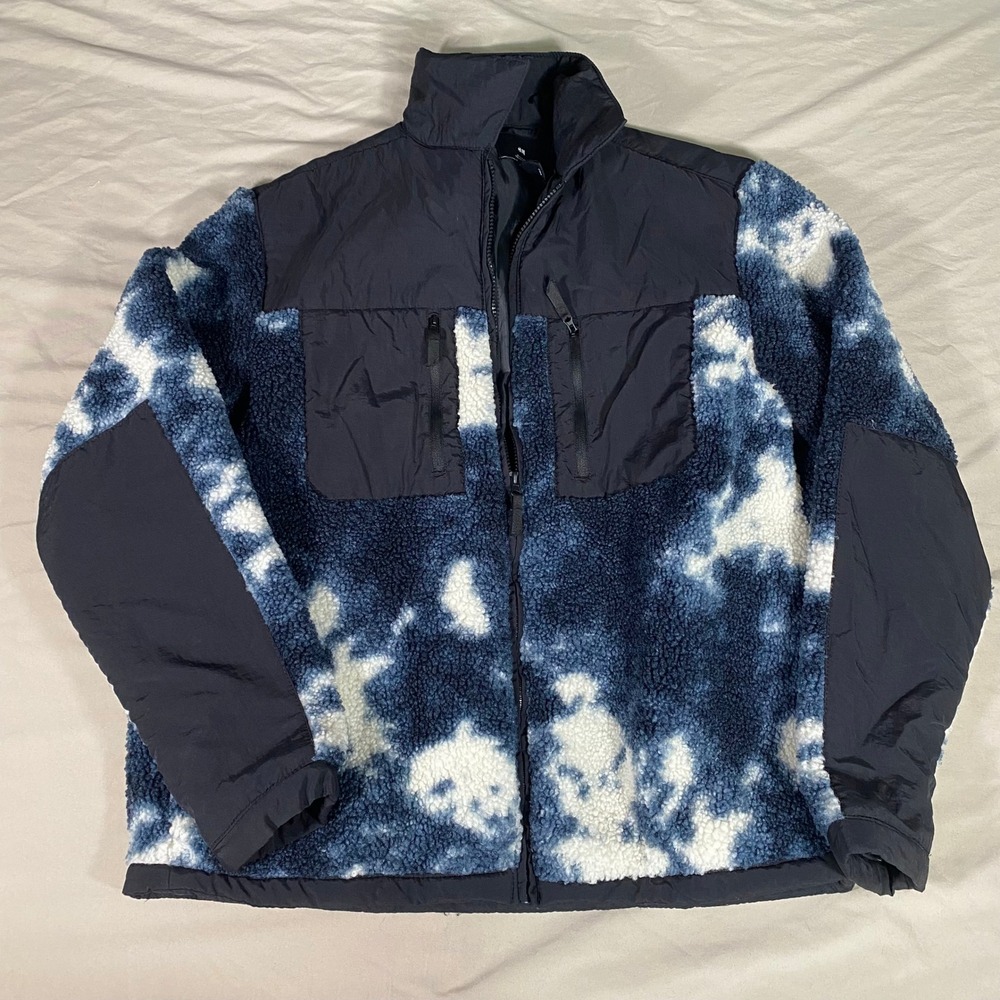 HM Mens Regular Fit Tie Dye Sherpa Fleece Jacket Blue White Black Large